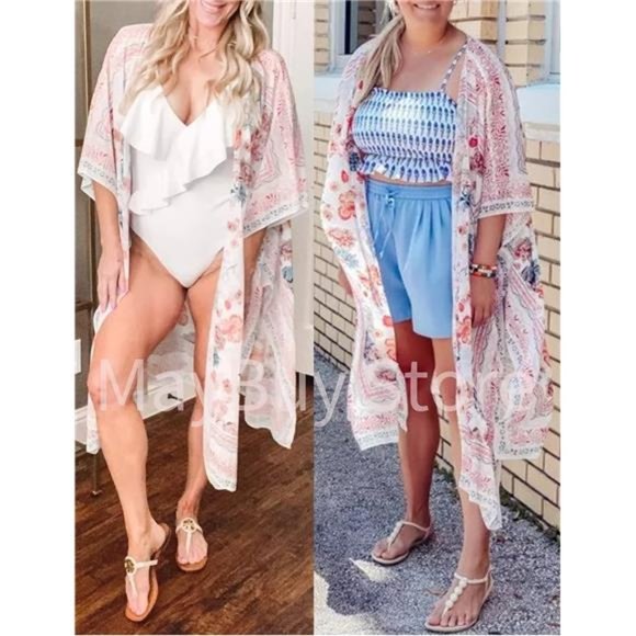 Women's Summer Long Flowy Kimono Cardigans Boho Chiffon Beach Cover Up Tops - Picture 6 of 6